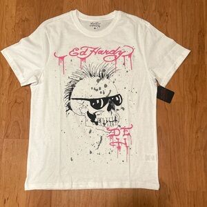 Ed Hardy White and Pink Skull Graphic Men’s Tee